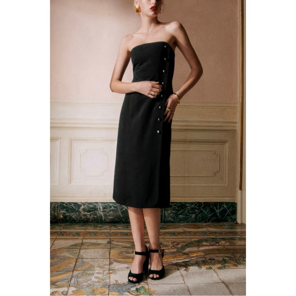 Sezane Editions Midi Linen-Blend Black Strapless Chiarella Dress